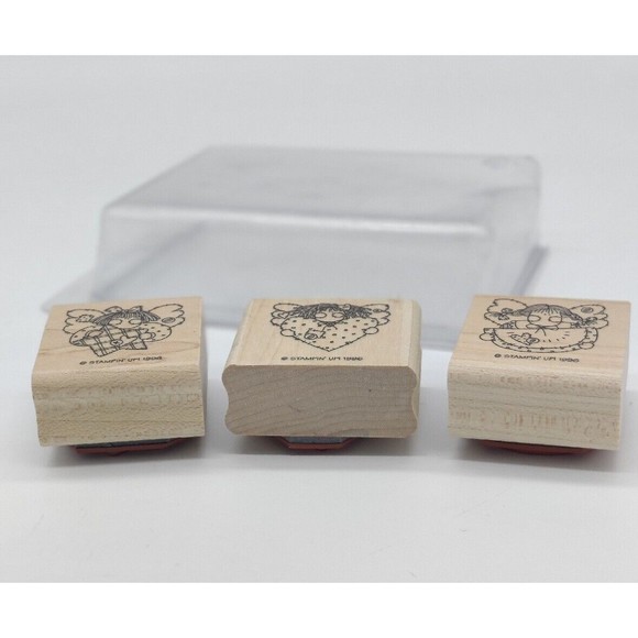 Vintage STAMPIN' UP! 1996 Set of 3 Angel Faces Rubber Stamps Wooden Card Making - Picture 9 of 10
